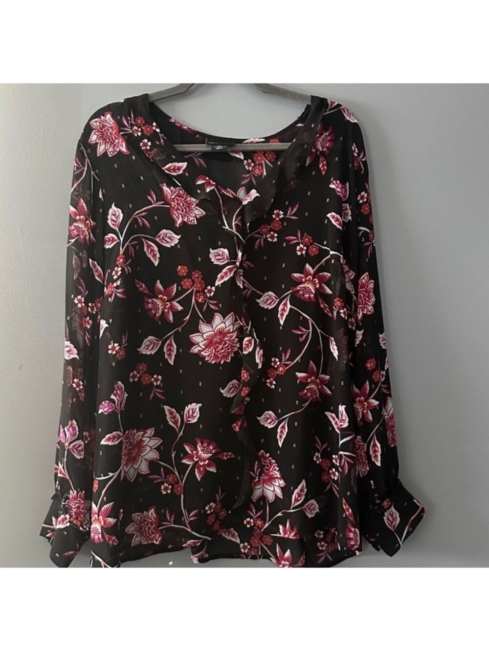 Liz Claiborne XXL Black Floral Sheer Lined Blouse Long Sleeve Career Plus Top